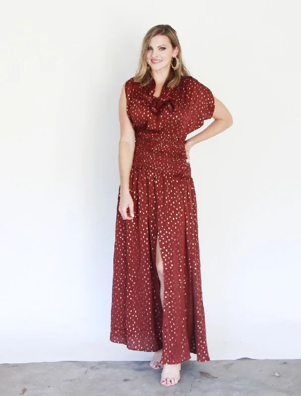 Burgundy & Gold Maxi Dress Stylish Maxi Dress with Frills