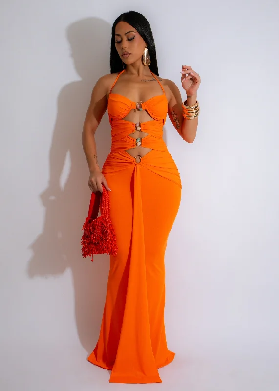 Sunset Goddess Ruched  Maxi Dress Orange Trendy Maxi Dress with Straps