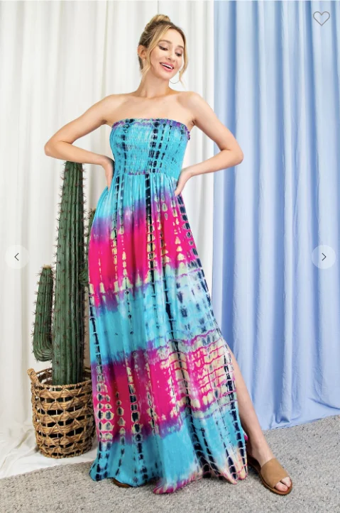 TIE DYE STRAPLESS SMOCKED MAXI DRESS Trendy Ruffled Maxi Dress