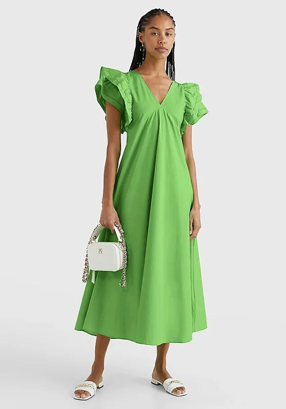 Tommy Hilfiger Womens Frill Maxi Dress, Spring Lime Cozy Cold-Shoulder Maxi Dress