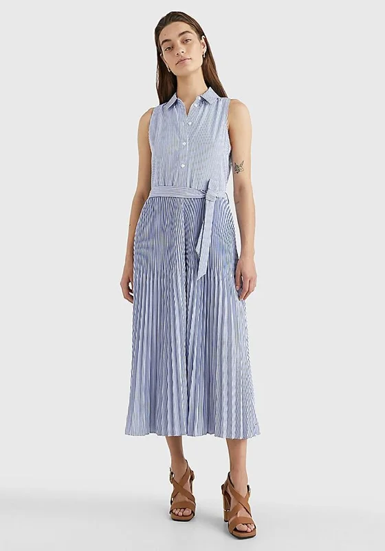 Tommy Hilfiger Womens Striped Maxi Dress, Blue & White Elegant Lace-Up Maxi Dress