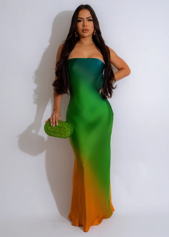 Tropical Sunset Maxi Dress Green Comfortable Maxi Dress with Slits