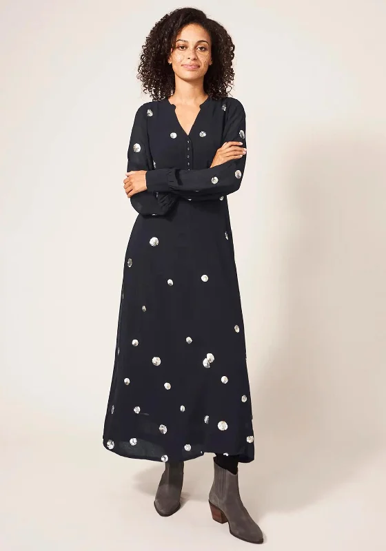 White Stuff Kate Sequin Spot Maxi Dress, Black Comfortable Satin Maxi Dress