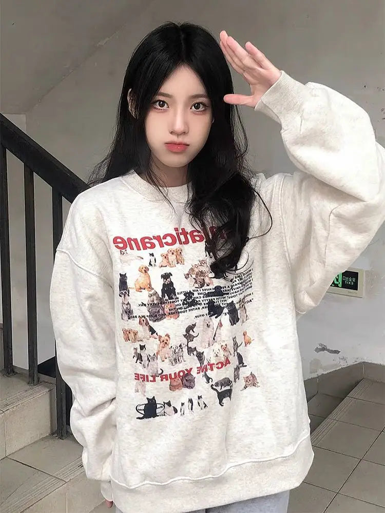 Lunivop Autumn And Winter New Millennium Wind Hoodie Cute Pattern Print Loose Type Hoodie Sweet Wind Y2k Hoodie Top Hoodie with Exposed Zipper Edgy Industrial