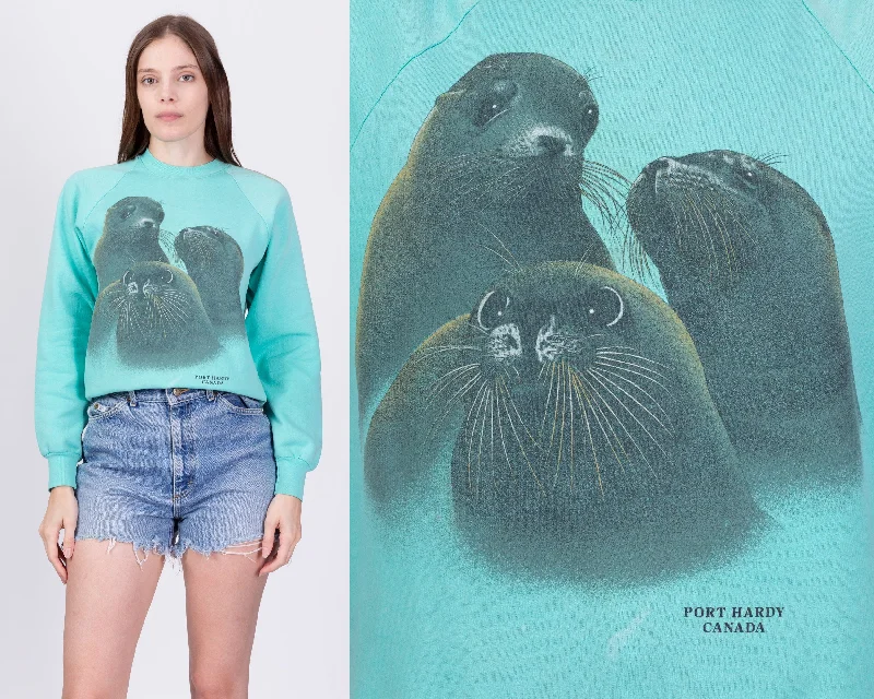 80s Sea Lion Sweatshirt - Medium Hoodie with Velcro Closure Adjustable Secure