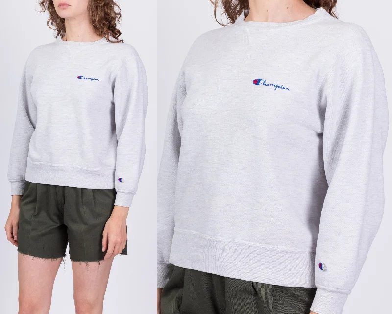 90s Champion Heather Grey Cropped Sweatshirt - Medium Hoodie with Hem Drawcord Adjustable Customizable