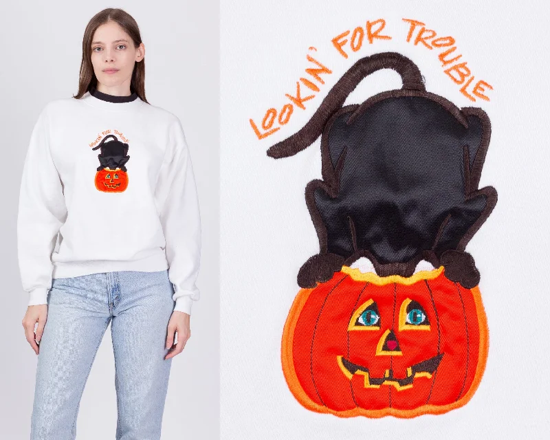 90s Halloween Cat Sweatshirt - Medium Hoodie with Embroidery Detailed Premium