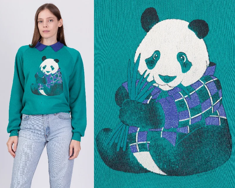 90s Panda Collared Sweatshirt - Large Hoodie with Raglan Sleeves Sporty Comfortable