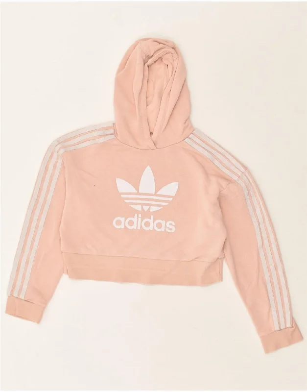 ADIDAS Girls Graphic Crop Hoodie Jumper 9-10 Years Pink Cotton Hoodie with Exposed Zipper Edgy Industrial