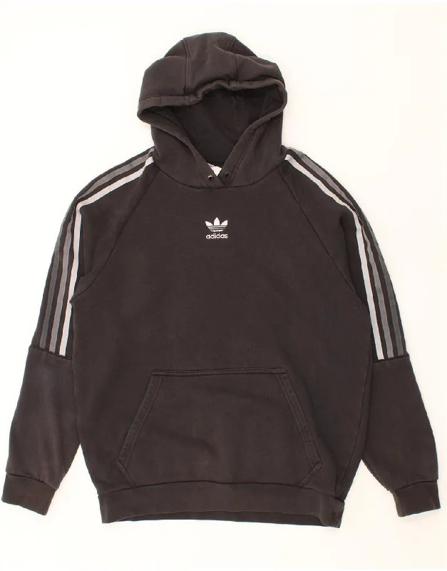 ADIDAS Mens Graphic Hoodie Jumper Medium Grey Cotton Hoodie with Hem Fringe Bohemian Relaxed