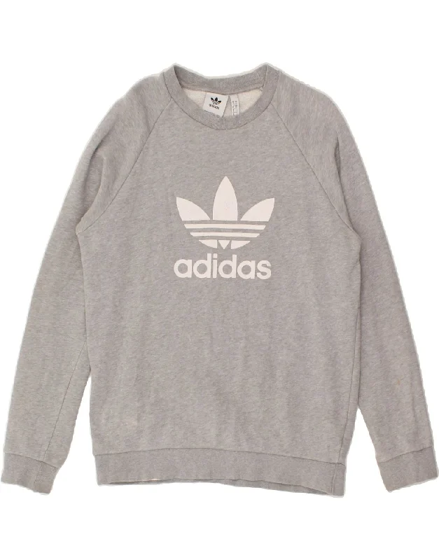 ADIDAS Mens Graphic Sweatshirt Jumper Small Grey Cotton Hoodie with Puffed Sleeves Voluminous Trendy