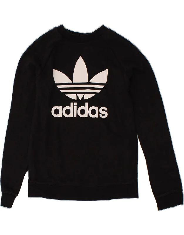 ADIDAS Womens Graphic Sweatshirt Jumper UK 10 Small Black Cotton Hoodie with Longline Fit Extended Stylish