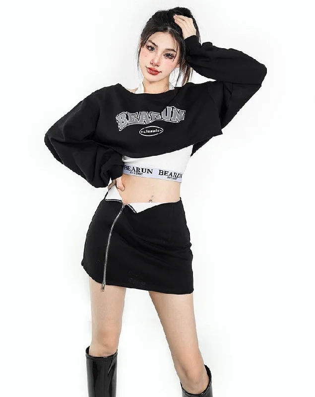 BEAURUN CLASSIC Graphic Print Solid Color Black Cropped Sweatshirt Zip Up Mini Skirt Matching Set Hoodie with Typography Text Message