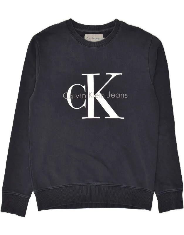 CALVIN KLEIN JEANS Mens Graphic Sweatshirt Jumper Small Navy Blue Cotton Hoodie with Fur Luxurious Winter