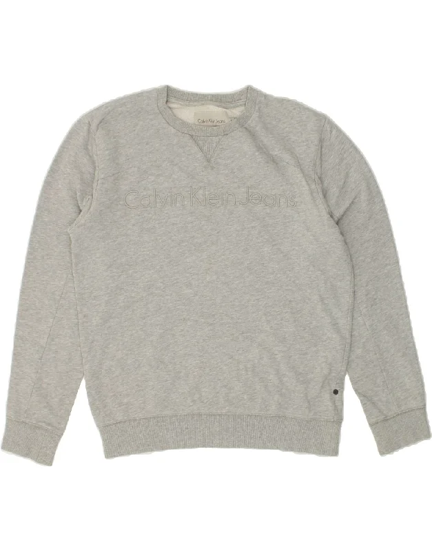 CALVIN KLEIN JEANS Womens Graphic Sweatshirt Jumper UK 10 Small Grey Hoodie with Pocket Utility Practical