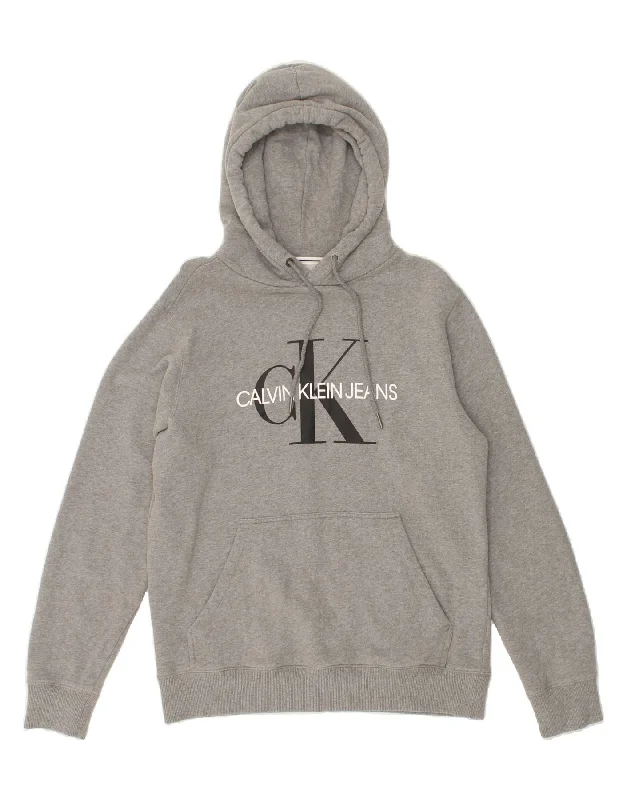 CALVIN KLEIN Mens Graphic Hoodie Jumper Medium Grey Cotton Hoodie with Slit Hem Functional Movement