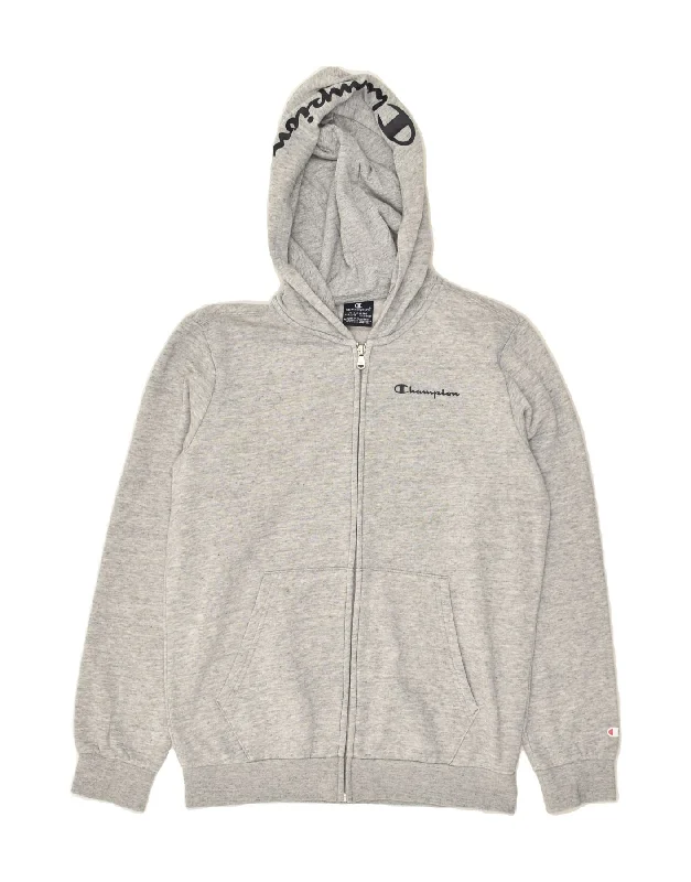 CHAMPION Boys Graphic Zip Hoodie Sweater 13-14 Years XL Grey Flecked Hoodie with Earth Tones Natural Calm