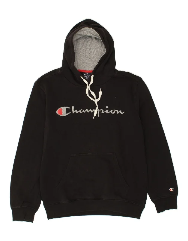 CHAMPION Mens Graphic Hoodie Jumper Medium Black Hoodie with Tied Waist Feminine Flattering