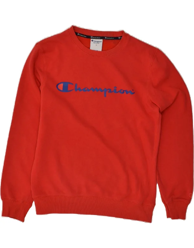 CHAMPION Mens Graphic Sweatshirt Jumper Small Red Cotton Hoodie with Stripes Bold Sporty