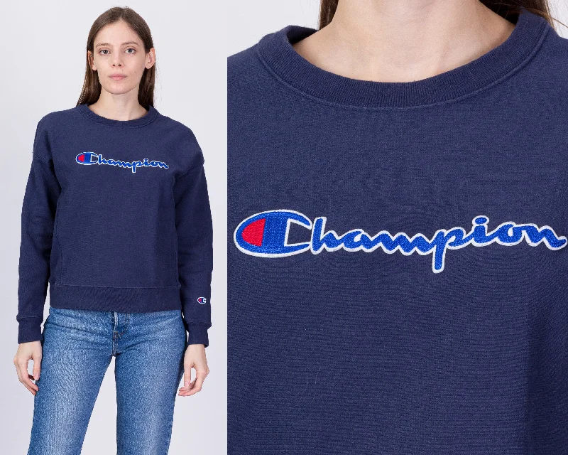 Champion Reverse Weave Navy Blue Cropped Sweatshirt - Large Hoodie with Button Placket Classic Preppy