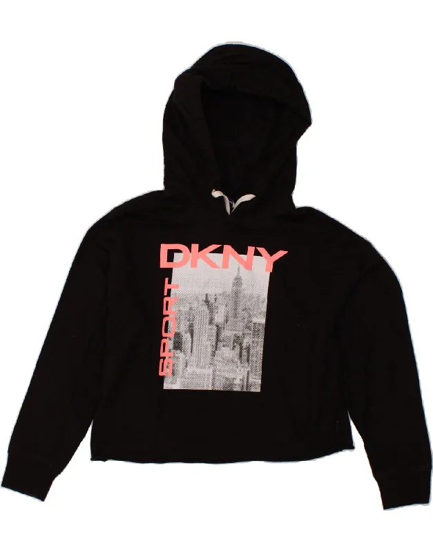 DKNY Womens Oversized Crop Graphic Hoodie Jumper UK 6 XS Black Cotton Hoodie with Hem Raw Edge Edgy Unfinished