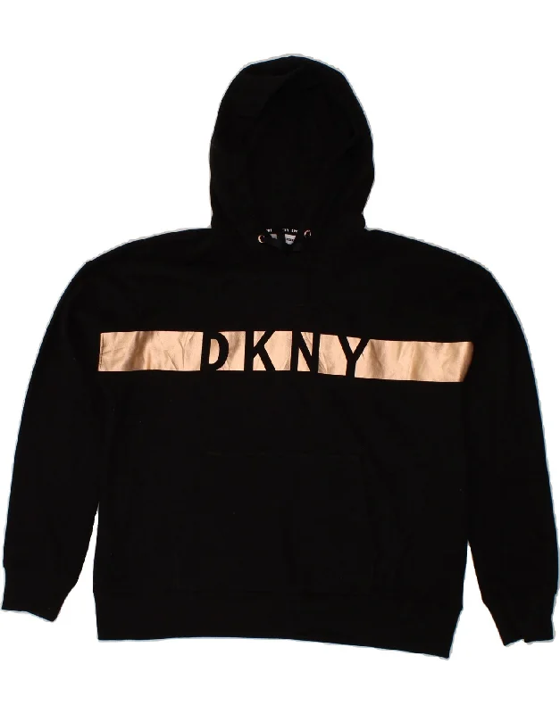 DKNY Womens Oversized Graphic Hoodie Jumper UK 14 Medium Black Cotton Hoodie with Elastic Waist Stretchable Comfortable