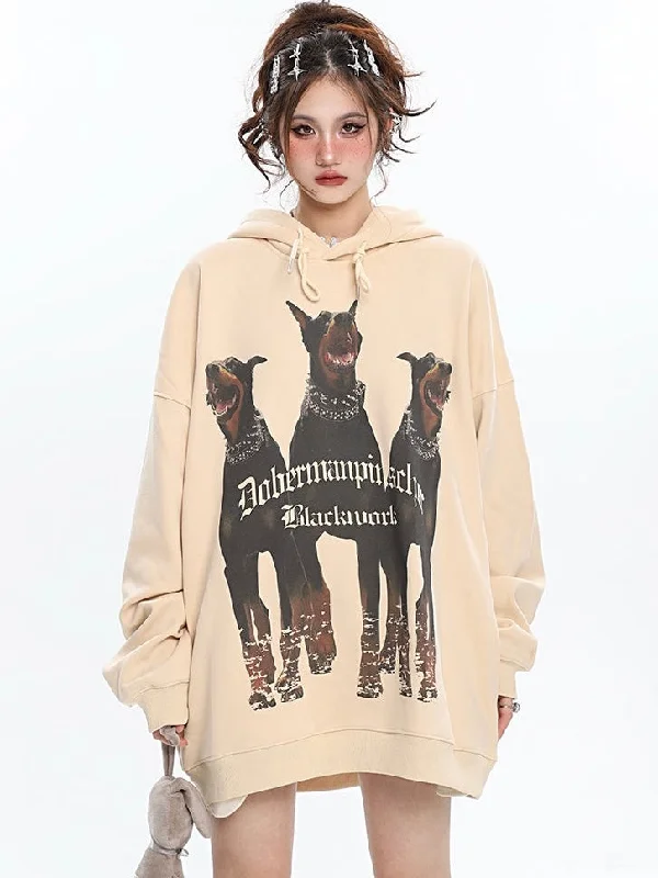 Doberman Graphic Letter Print Solid Color Long Sleeve Hoodie Hoodie with Strings Custom Fit Adjustable