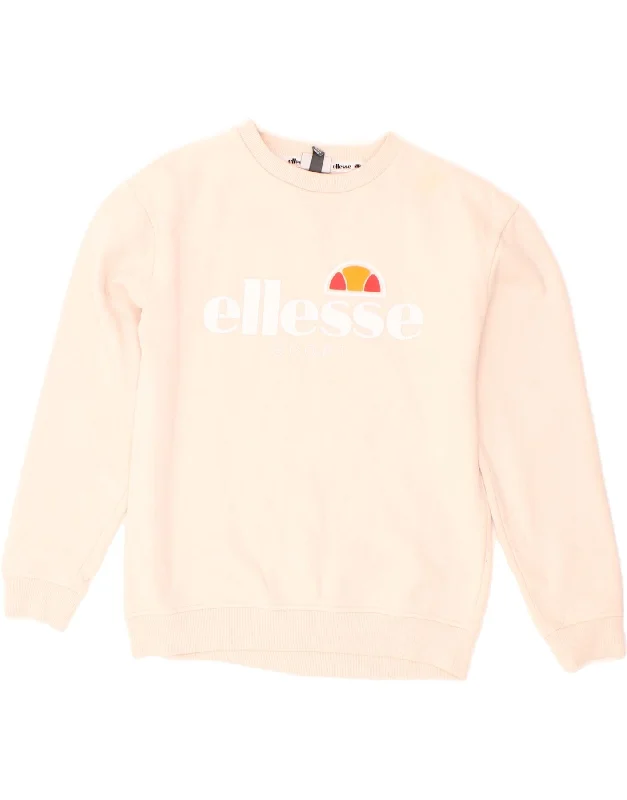 ELLESSE Womens Graphic Sweatshirt Jumper UK 10 Small Beige Cotton Hoodie with Batwing Sleeves Loose Dramatic