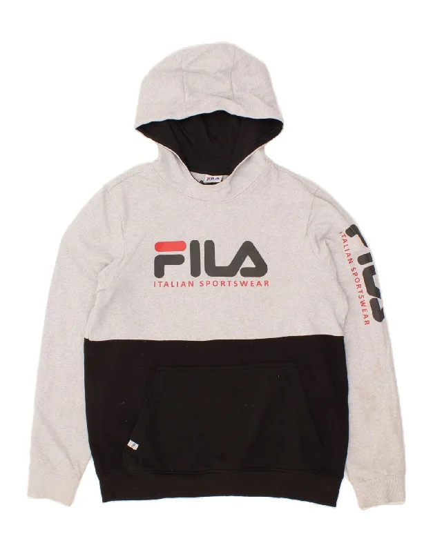 FILA Mens Graphic Hoodie Jumper Large Grey Colourblock Cotton Hoodie with Hidden Zipper Minimalist Clean