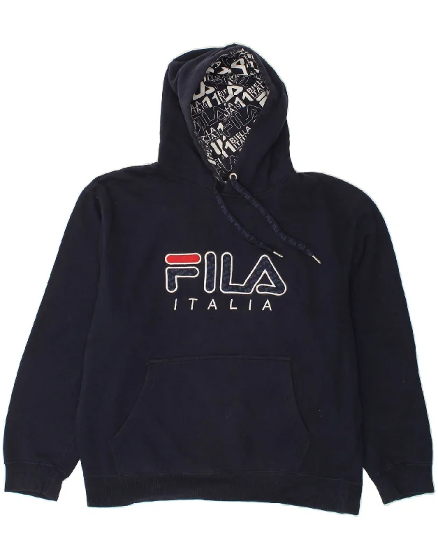 FILA Mens Graphic Hoodie Jumper Large Navy Blue Cotton Hoodie with Cropped Fit Short Trendy