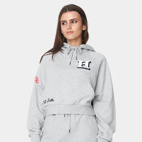 Huffer 3 Baller Avery Crop Hoodie - Grey Marle Hoodie with Thumb Holes Functional Cozy