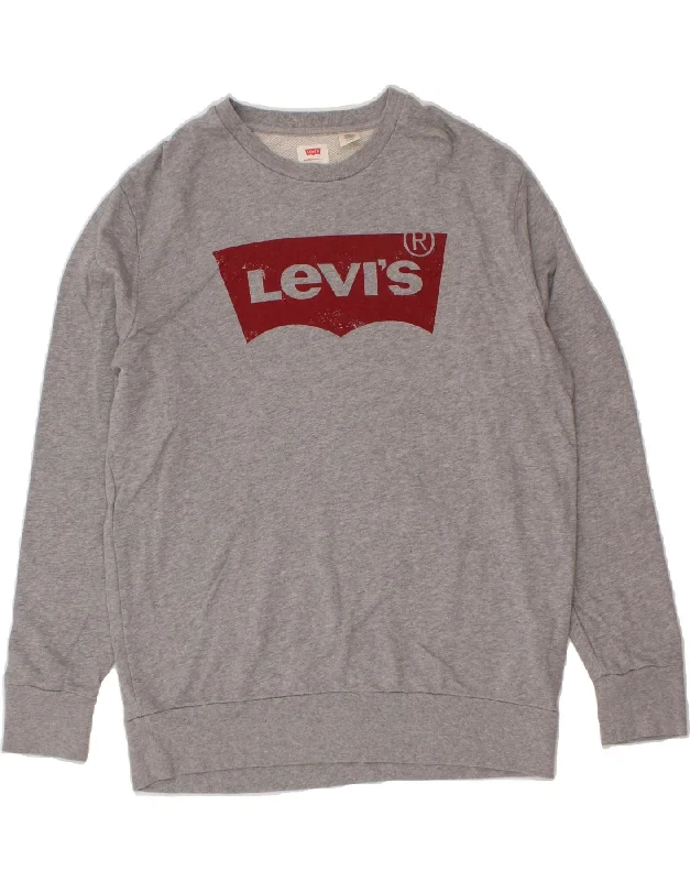 LEVI'S Mens Graphic Sweatshirt Jumper XL Grey Cotton Hoodie with Turtle Neck Cozy Winter