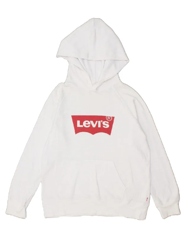 LEVI'S Womens Oversized Graphic Hoodie Jumper UK 10 Small White Hoodie with Front Slit Layering Stylish