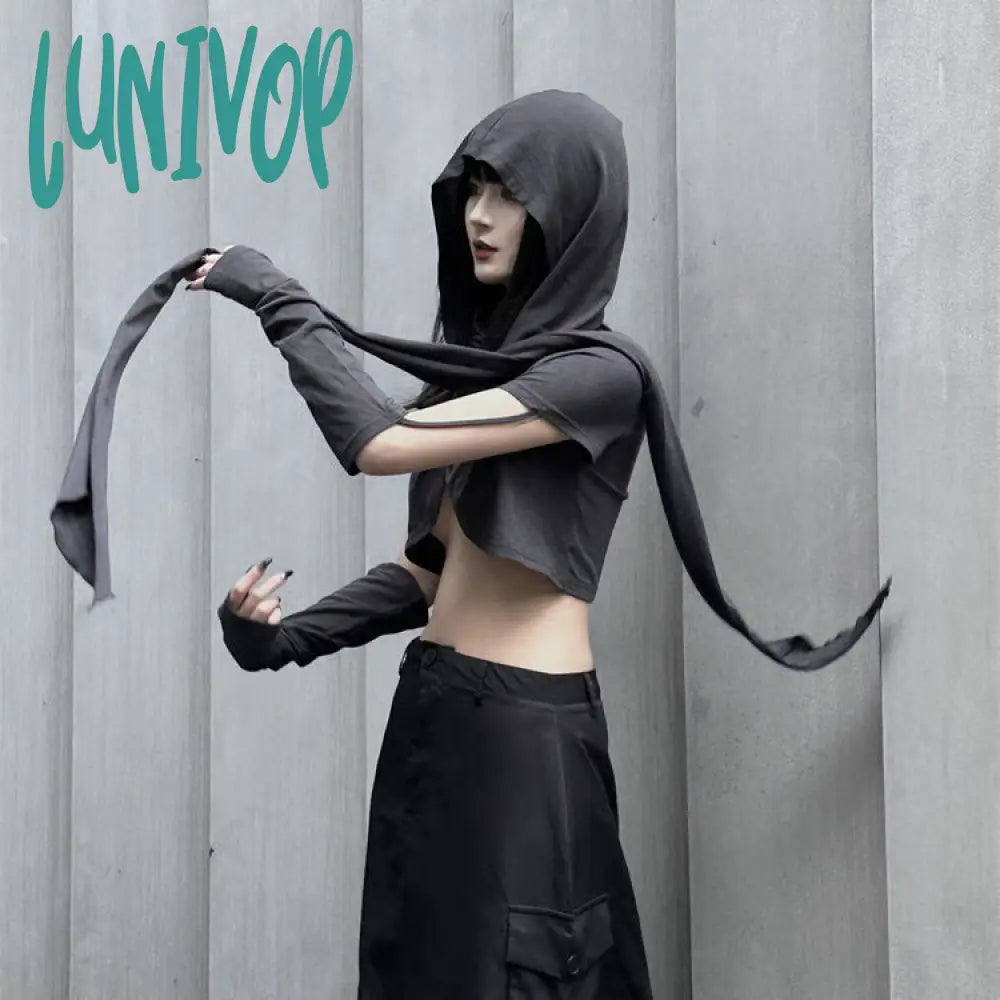 Lunivop outfit inspo Hooded Two-Piece Top Women's Black Cross Long Sleeve Ultra Short Style Hoodie with Front Slit Layering Stylish