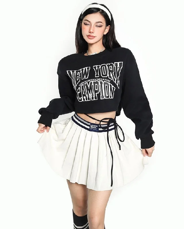 NEW YORK CHAMPION Graphic Print Solid Color Black Long Sleeve Cropped Lace Up Sweatshirt Hoodie with Slim Fit Tailored Modern