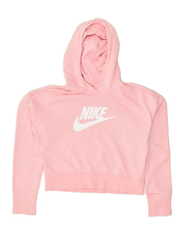 NIKE Girls Graphic Crop Hoodie Jumper 12-13 Years Large Pink Cotton Hoodie with Ribbed Cuffs Snug Fit Comfort