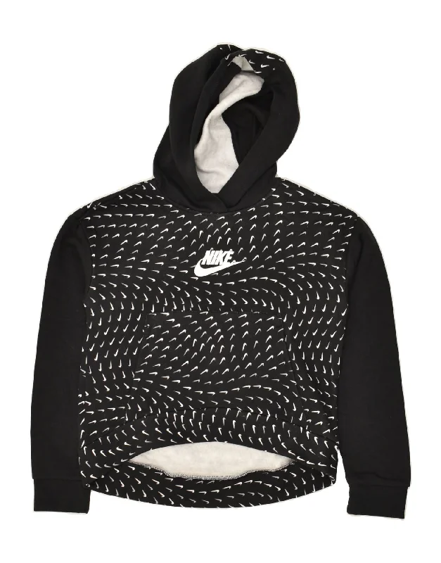 NIKE Girls Hoodie Jumper 12-13 Years Large Black Cotton Hoodie with Camouflage Military Edgy