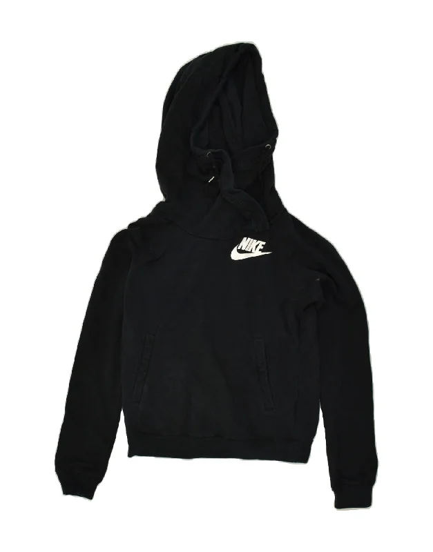 NIKE Womens Hoodie Jumper UK 6 XS Black Cotton Hoodie with Hem Ribbing Snug Secure