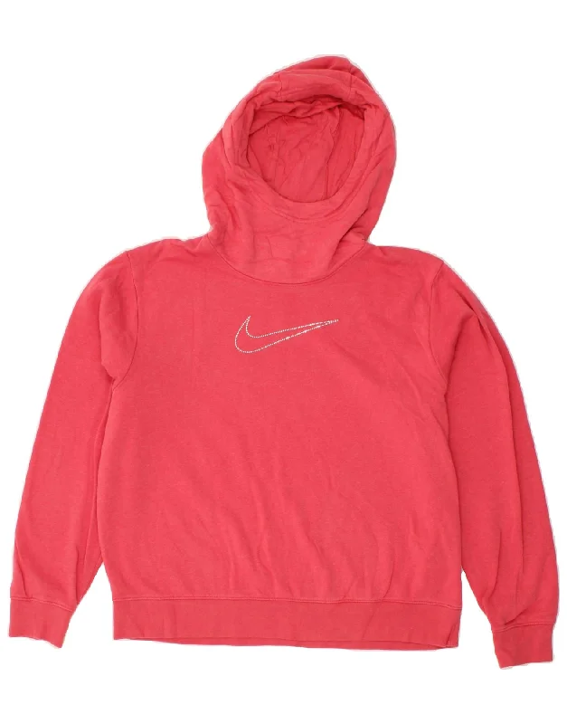 NIKE Womens Oversized Graphic Hoodie Jumper UK 14 Medium Red Cotton Hoodie with High-Low Hem Asymmetrical Trendy