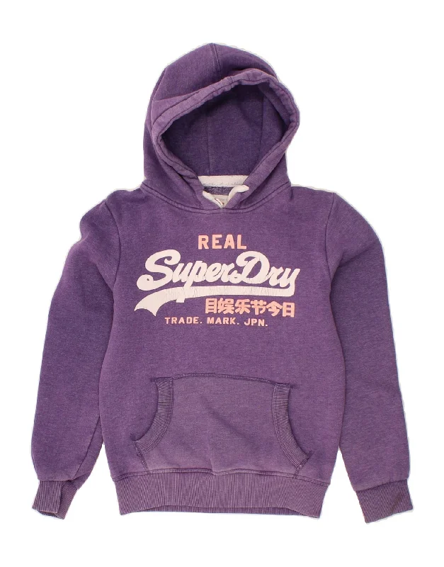 SUPERDRY Womens Graphic Hoodie Jumper UK 2 2XS Purple Cotton Cotton Hoodie Fleece Lining Warmth