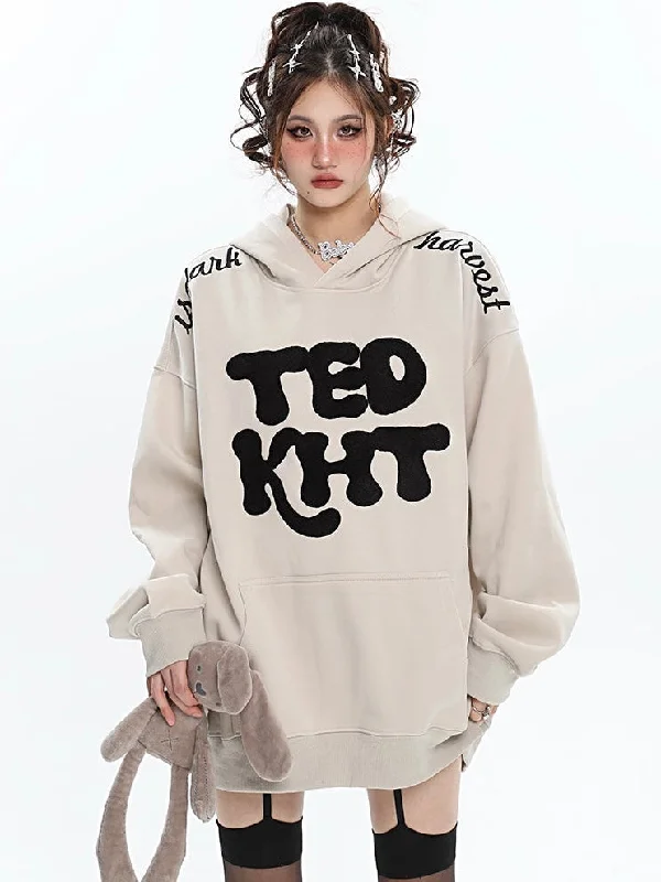 TEDKHT Letter Embroidery Solid Color Lonf Sleeve Hoodie Hoodie with Tied Waist Feminine Flattering