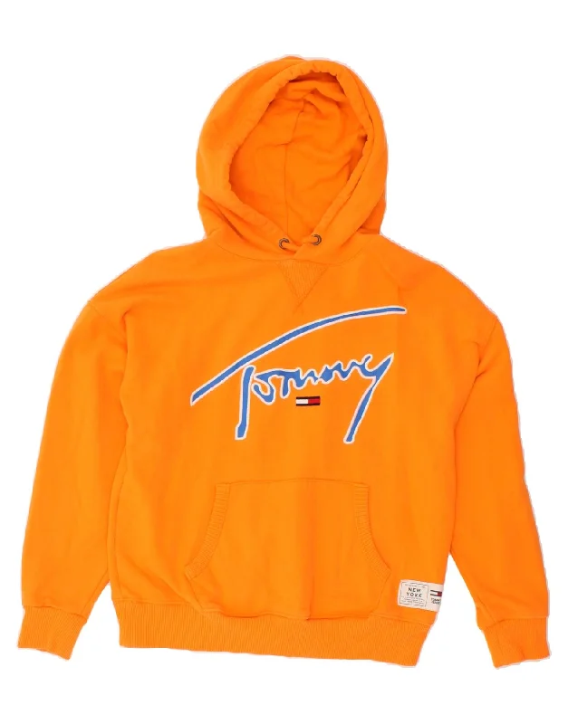 TOMMY HILFIGER Womens Oversized Graphic Hoodie Jumper UK 10 Small Orange Hoodie with Emblem Brand Identity