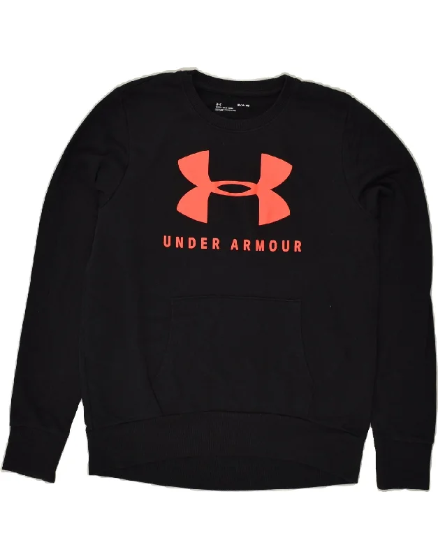 UNDER ARMOUR Womens Graphic Sweatshirt Jumper UK 14 Medium Black Cotton Hoodie Crop Top Short Trendy