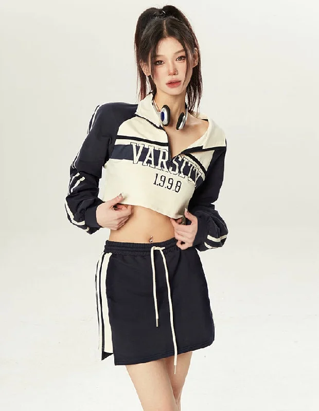 VARSITY 1.9.9.8 Abstract Color Long Sleeve Cropped Sweatshirt Mini Skirt Matching Set Hoodie with Drawstring Waist Adjustable Fitted