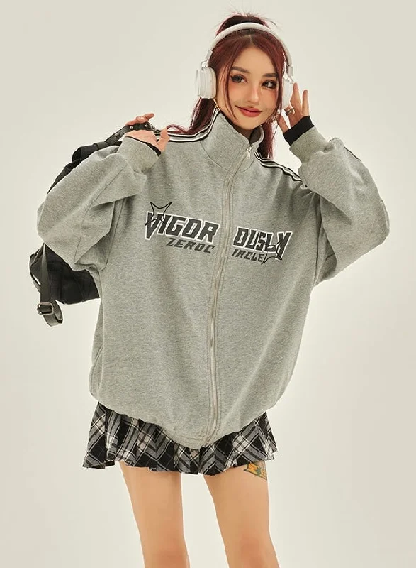 Virgo Dusly Letter Print Grey Zip Up Sweatshirt Hoodie with Strings Custom Fit Adjustable