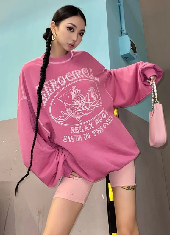 Zerocircle Ocean Graphic Print Long Sleeve Pink Sweatshirt Hoodie with High-Low Hem Asymmetrical Trendy