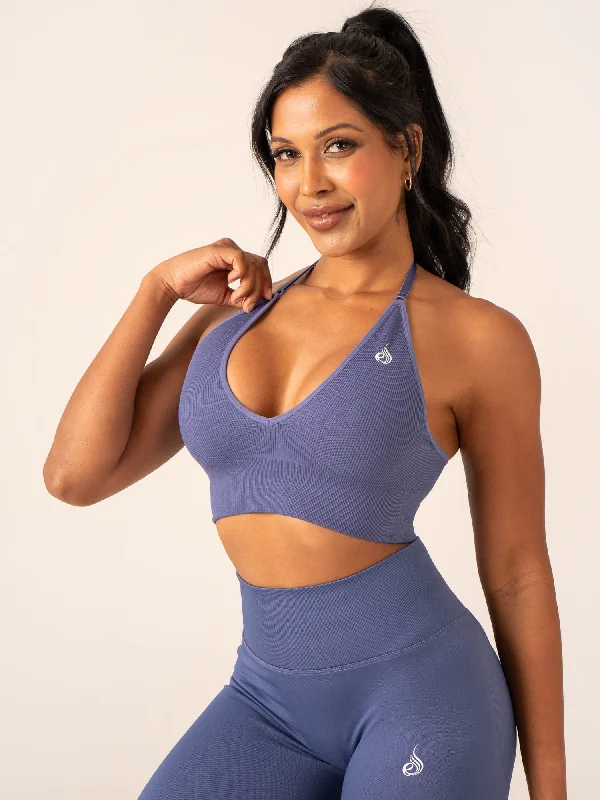 Lift Rib Seamless Halter Sports Bra - Denim Blue Sexy Lace Bralette