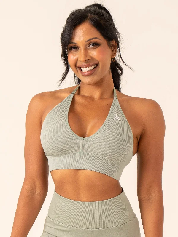 Lift Rib Seamless Halter Sports Bra - Sage Breathable Comfort Bra