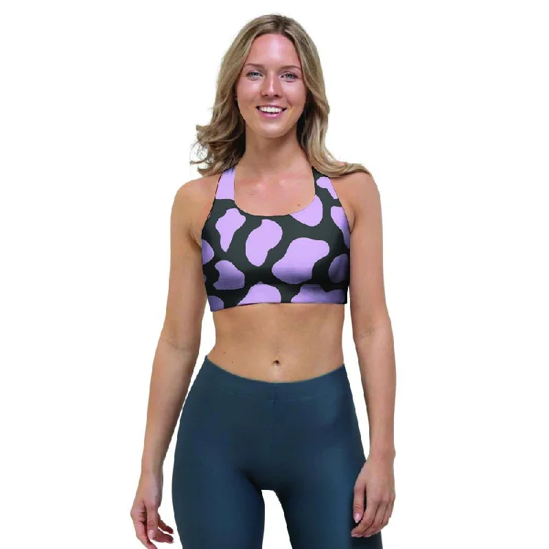 Purple And Black Cow Print Sports Bra Sporty Compression Bra