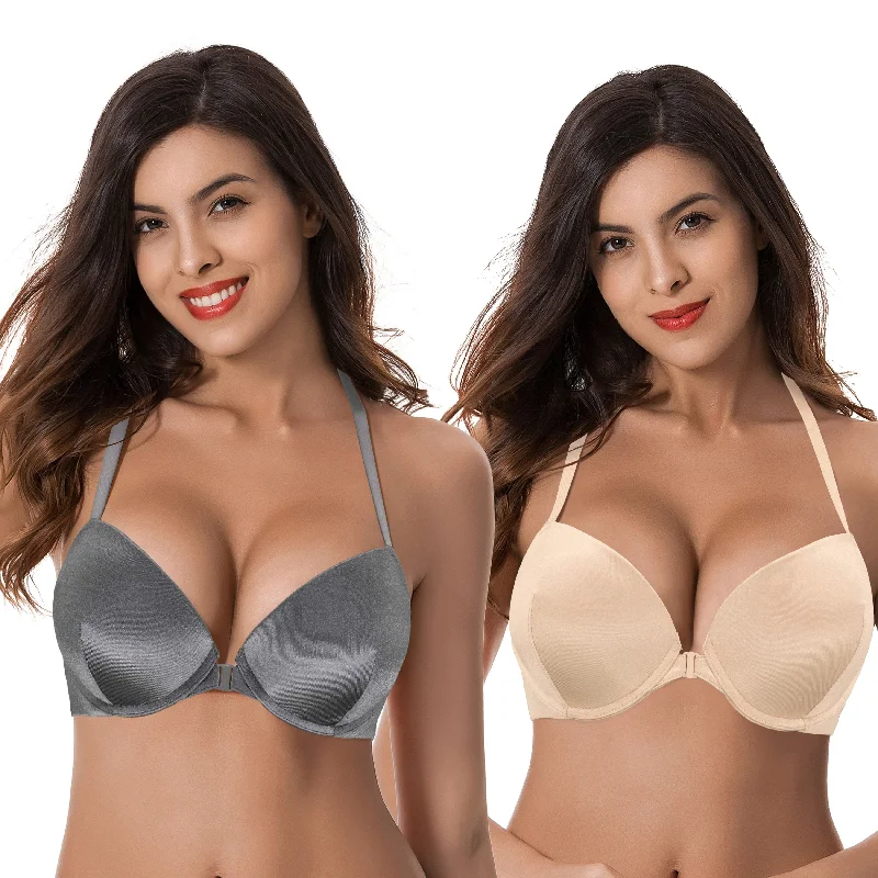 Women's Push Up Add 1 and a half Cup Underwire Halter Front Close Bras Wireless Lace Bra Women's Push Up Add 1 and a half Cup Underwire Halter Front Close Bras Wireless Lace Bra